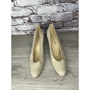 Stuart Weitzman VTG Beige Gold Canvas Pumps Dress Heels Women’s Sz 7M US/37.5EU